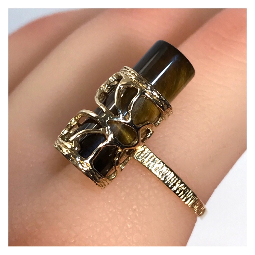 14KT 10.15 CARAT GENUINE TIGERS EYE SOLID GOLD VINTAGE RING W/ REMOVABLE GEM